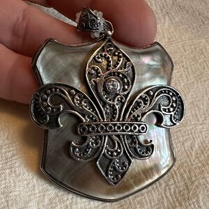 Ornate Fleur-de-Lis Mother of Pearl Shield Pendant
